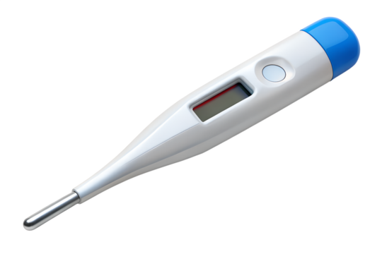 A digital thermometer with a blue cap is displayed on a transparent background, isolated on transparent background