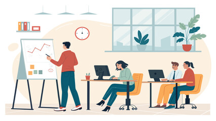 Fototapeta premium Teamwork in modern office. Business presentation, data analysis and collaboration. Ideal for websites, brochures, and marketing materials.