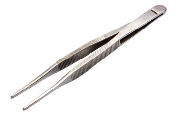 A pair of stainless steel tweezers is displayed on a transparent background, isolated on transparent background