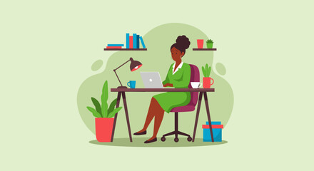 Black woman working on laptop at home office, perfect for blog, website or social media.