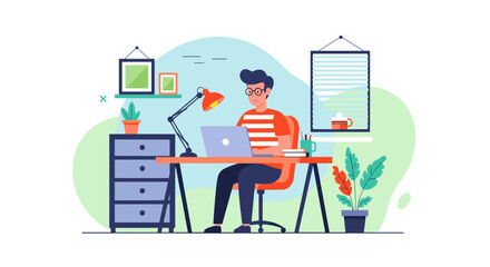 Young man working from home on laptop, perfect for illustrating remote work, freelance, or home office concepts.