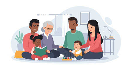 Multigenerational family reading together at home, perfect for websites and brochures promoting family values.