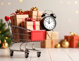 Small shopping cart filled with presents and a clock