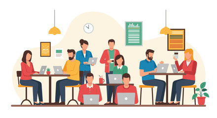 Diverse team of coworkers collaborating on laptops in a modern co-working space, ideal for website banners and presentations.