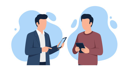 Two faceless men in casual and business attire using tablets, perfect for website banners or presentations on collaboration and technology.