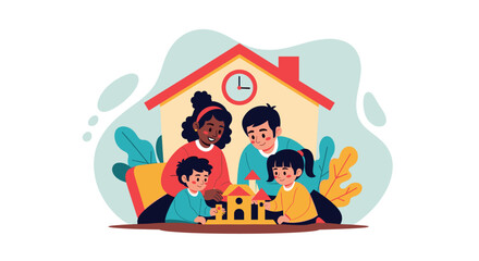 Happy family building a house together, perfect for family blogs, parenting websites, or real estate brochures.