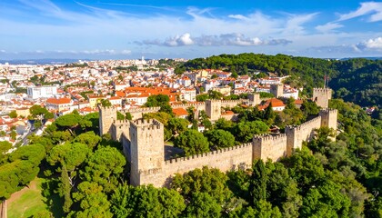 High-angle view of a medieval fortress, nestled within a verdant hillside, overlooking a sprawling cityscape.  Sunny day with clear blue sky