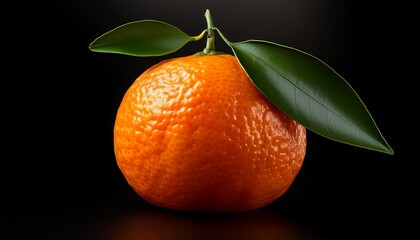 a mandarin orange with a textured skin and a green stem placed against a black background with a soft focus