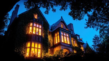 Majestic illuminated mansion at dusk surrounded by lush greenery and serene evening atmosphere