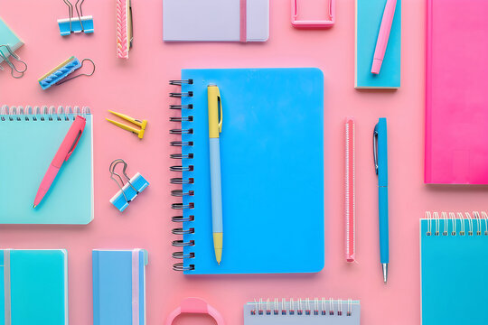 Flat lay of colorful office supplies on a pink background, notebooks, pens, paperclips, cheerful and organized style