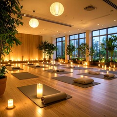 Spacious yoga studio at night
