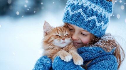 Joyful winter moment: girl cuddling her fluffy cat in snow