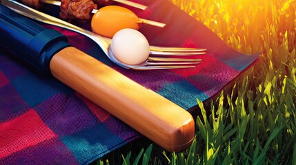 Sunny picnic skewers, eggs, utensils on plaid blanket, grass background