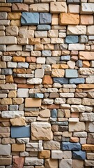 Architectural wall close-up with various stone textures and colorful plaster