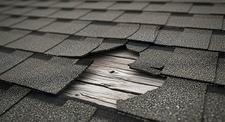 Significant roof damage with missing asphalt shingles and exposed wood, requiring repair roof services