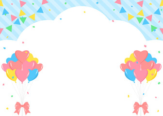 雲型の背景フレーム、ガーランド、ハートの風船、紙吹雪のデコレーション