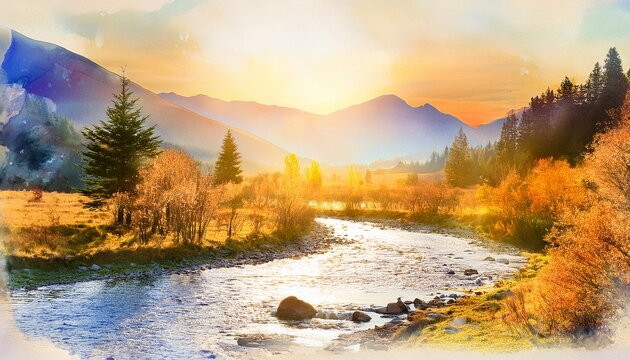 serene mountain river view in warm watercolor dreamscape with golden hues