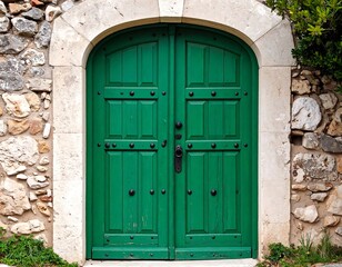 Green arched doorway in stone wall