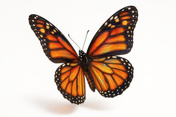 Fototapeta premium Magnificent iridescent monarch butterfly with detailed wing patterns captured mid-flight against pristine white background showcasing natural beauty