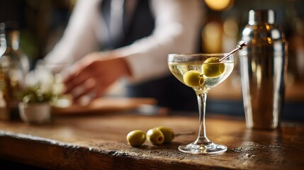 Classic cocktail glass with olives, a drink shaker, and a bartender in the background creates an atmospheric bar scene.