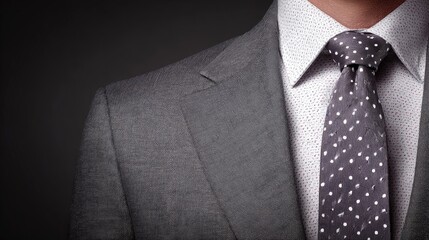 Close-up of a gray suit jacket, collared shirt, and tie.
