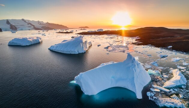 melting glacier and icebergs breaking off arctic ocean nature photography sunset reflections aerial view climate change impact - Powered by Adobe