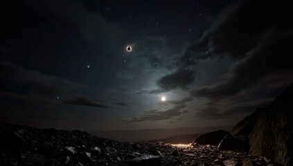 Nighttime solar eclipse over mountains