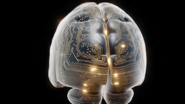 Brain with a lot of wires and lights on it. The brain is on a black background. circuit board shaped like a brain, glowing with quantum superposition symbols, quantum ai development