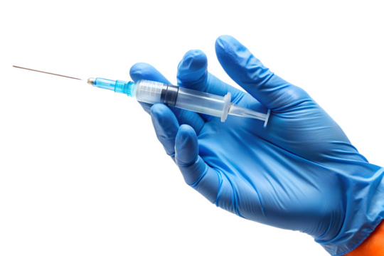 A gloved hand holds a syringe with a needle, ready for an injection, isolated on transparent background