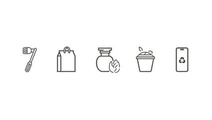 Minimalist black vector icon set of five recycled plastic everyday items — toothbrush, shopping bag, bottle, food container, and mobile case with creative eco reuse symbols on pure white background