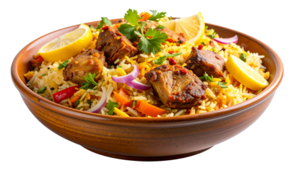 “Rustic Biryani Bowl with Mixed Vegetables and Juicy Meat Pieces, Side View on Transparent Background”.