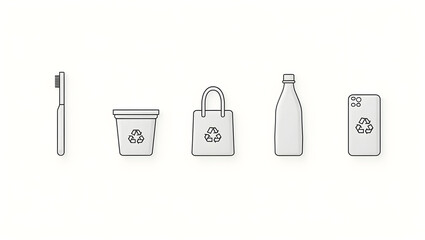 Minimalist black vector icon set of five recycled plastic everyday items — toothbrush, shopping bag, bottle, food container, and mobile case with creative eco reuse symbols on pure white background