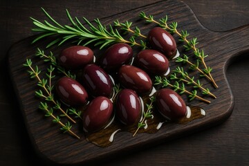 Premium Kalamata olives with fresh herb sprigs artistically arranged on dark wooden cutting board with Mediterranean olive oil drizzle