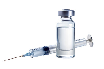 A vial of clear liquid and a syringe with a needle for vaccination, isolated on transparent background