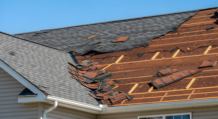 Residential Roof Damage: Extensive Repair Roof Needs with Missing Shingles and Exposed Decking After Storm