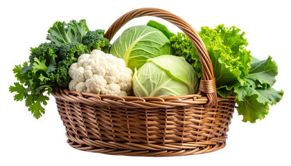  “Fresh Organic Cauliflower and Cabbage in Rustic Basket, Front Angle PNG”.