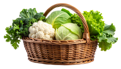  “Fresh Organic Cauliflower and Cabbage in Rustic Basket, Front Angle PNG”.