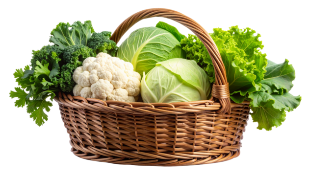  “Fresh Organic Cauliflower and Cabbage in Rustic Basket, Front Angle PNG”.