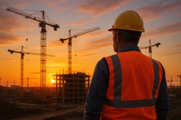Professional construction foreman in reflective safety gear surveying active building site with modern cranes during spectacular sunrise