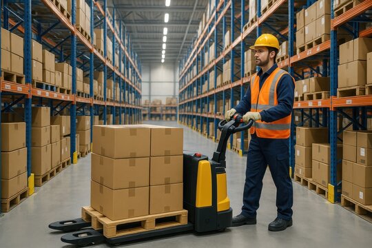 Professional warehouse worker operating electric pallet jack while organizing inventory in modern distribution center with high shelving systems