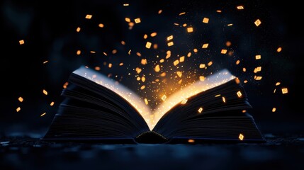 Enchanted book releasing glowing particles in darkness