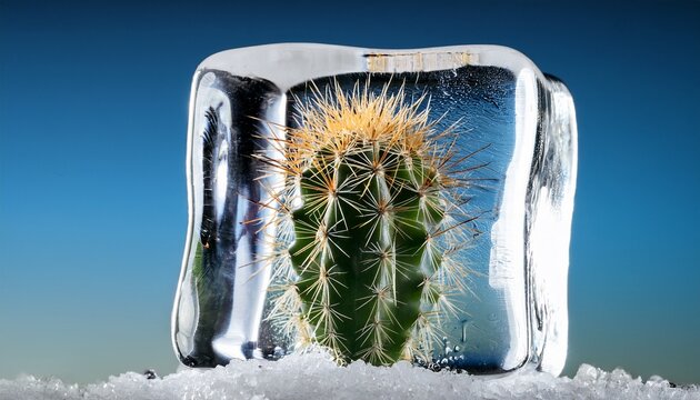 an artistic arrangement where a cactus is frozen in a glass block filled with ice creating an illusion of being inside an iceman