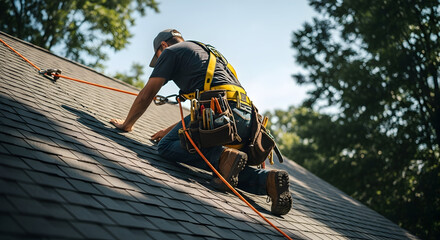 Skilled Contractor Performing Essential Repair Roof Work on a Residential House with Safety Gear.
