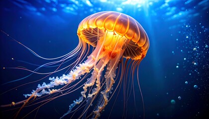 A luminous jellyfish glows golden under bright sunlight in deep blue ocean water.