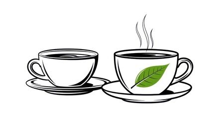 Obraz premium Two Cups of Hot Tea Steaming with Fresh Green Leaf on One Cup