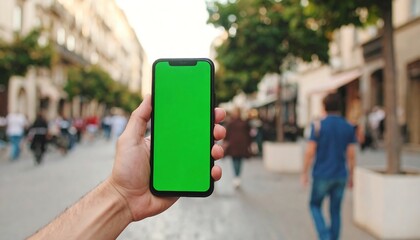Smartphone held outdoors, green screen