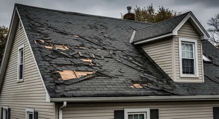 A residential house with a heavily damaged asphalt shingle roof, urgent repair roof work required due to weather exposure and deterioration.