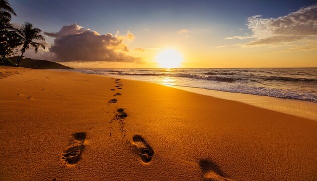 footprints in the golden sands witness the serene beauty of a tropical paradise as footprints in the sand lead towards a breathtaking sunset over the calm ocean