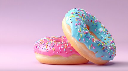 A delightful scene of two donuts, one with bright blue frosting and the other with pretty pink frosting, both covered in colorful sprinkles.