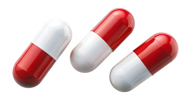 Three red and white capsules are isolated on transparent background, representing medication, health, and pharmaceutical treatment
